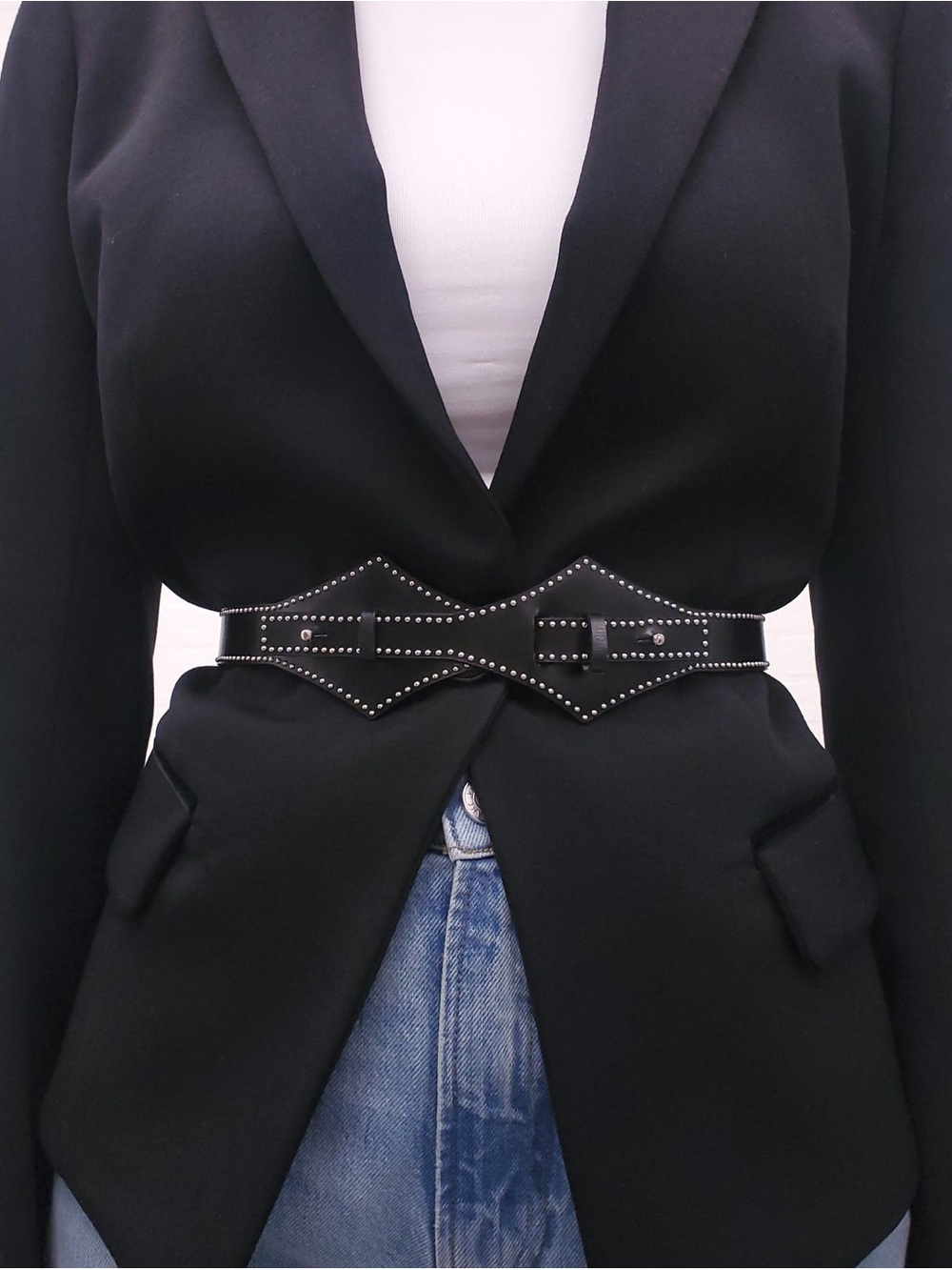 NWT Alaïa Croisse Black silver Studded Black Leather Waist Belt Small -70